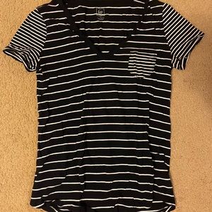 Navy blue t-shirt with white horizontal stripes